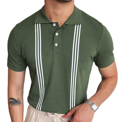 Wholesale Men's Green Striped Short Sleeve Slim Polo Shirt Knitted T-Shirt