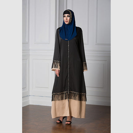 Bata islámica con costuras de encaje y borlas con cremallera para mujer