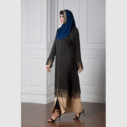 Bata islámica con costuras de encaje y borlas con cremallera para mujer
