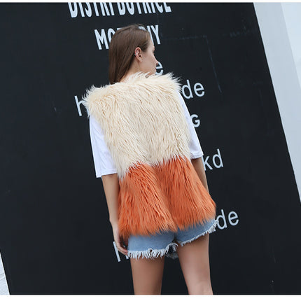 Wholesale Women's Fashion Mid-length Color Matching Faux Fur Vest
