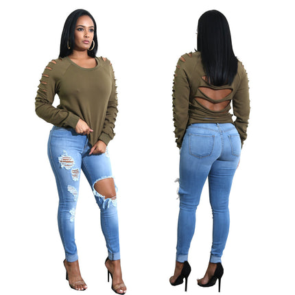 Wholesale Ladies Spring Ripped Plus Size Skinny Pencils Jeans