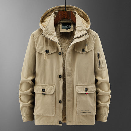 Wholesale Men's Winter Plush Fleece Thick Multi-Pocket Hooded Jacket
