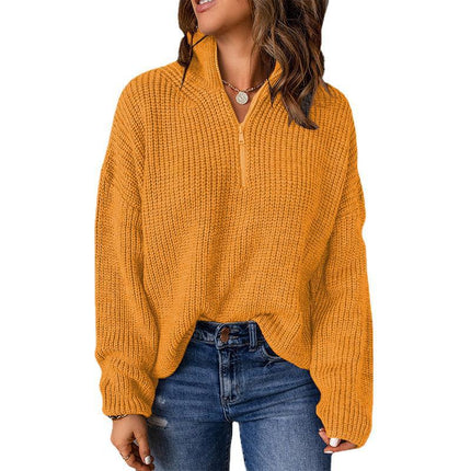 Women Autumn High Neck Zipper Strip Pullover Sweater