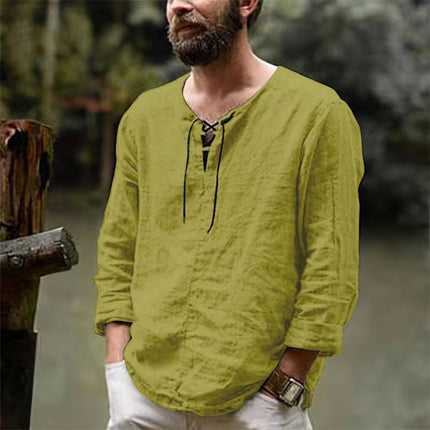 Wholesale Men's Fall Solid Color Cotton Linen Top Long Sleeve T-Shirt