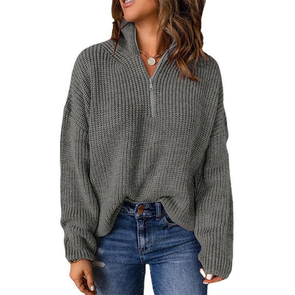 Women Autumn High Neck Zipper Strip Pullover Sweater