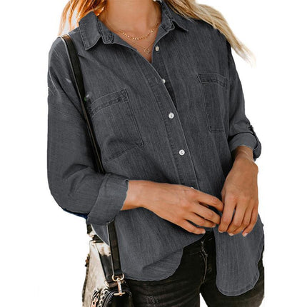 Camiseta de manga larga con cuello polo de mezclilla informal para mujer