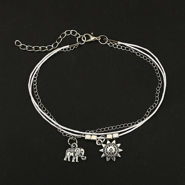 Elephant Sun Multilayer Leather Rope Square Bead Chain Anklet