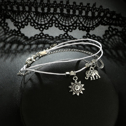 Elephant Sun Multilayer Leather Rope Square Bead Chain Anklet