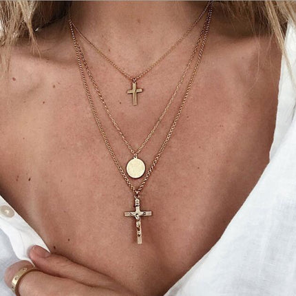 Cross Clavicle Chain Geometric Disc Multilayer Alloy Necklace