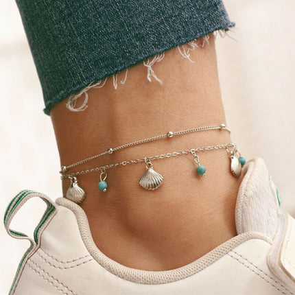 Rice Bead Shell Turquoise Alloy Pendant Devil's Eye Multilayer Anklet