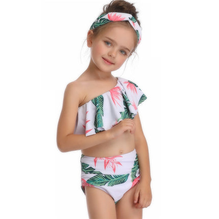 Children's Slant Shoulder Fly Hem Girls Two Piece Swimsuit