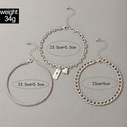 Silver Buckle Chain Heart Geometric Anklet Set of 3