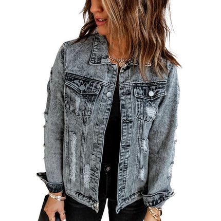 Women's Casual Washed Blue Denim Jacket Coat