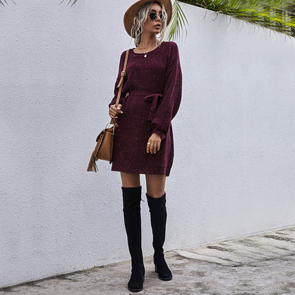 Vestido de suéter largo con lazo suelto de color sólido para mujer de otoño