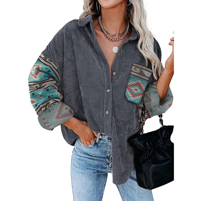 Frauen-Herbst-gedrucktes Hemd-übergroßer Mantel-Revers-lose Jacke