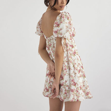 Vestido corto de manga farol sin espalda floral de moda sexy de verano para mujer
