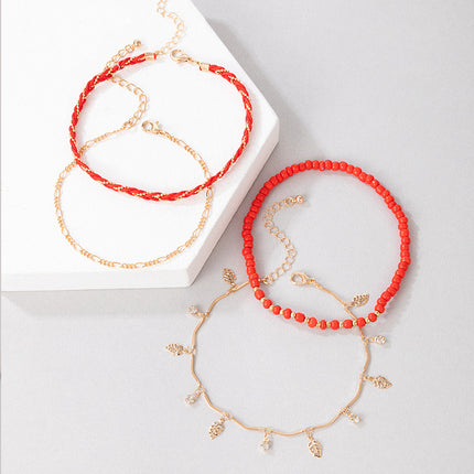 Cord Woven Rice Beads Leaf Rhinestone Tassel Four Layer Anklet Set