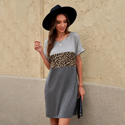 Wholesale Women's Short Sleeve Leopard Print Pocket Crew Neck Mini Dress
