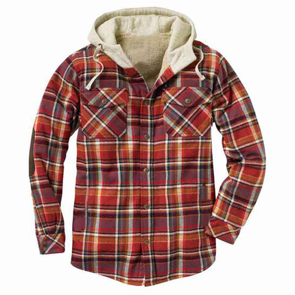 Wholesale Men's Fall Winter Check Patch Pocket Hooded Shirt Jacket