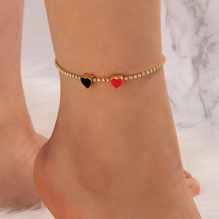 Love Stretch Rhinestone Alloy Drop Nectarine Peach Heart Single Layer Anklet