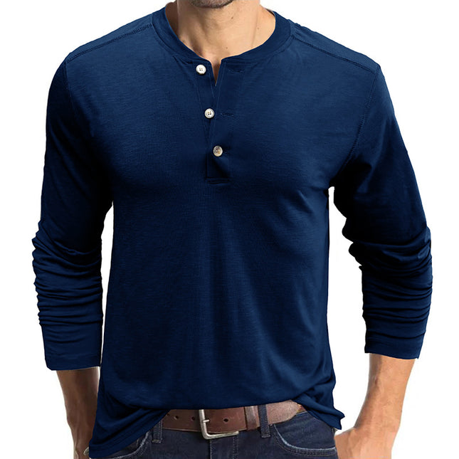 Lässiges Langarm-T-Shirt mit drei Knöpfen für Herbst-Winter-Männer