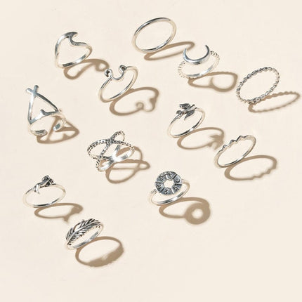 Vintage Mond Feder geometrische unregelmäßige zwölfteilige Ring-Set