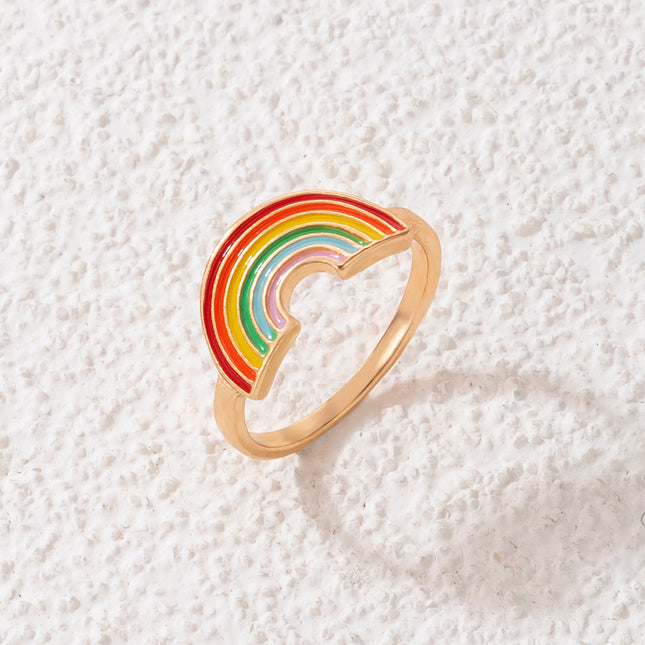 Anillo de estrella con letra de aceite de gota de color, anillo único de amor arcoíris