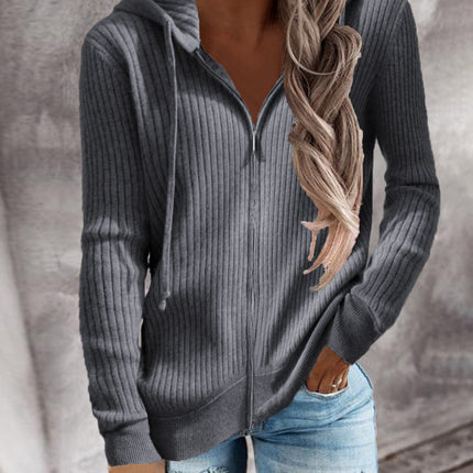 Ladies Striped Casual Sweater Loose Knit Sweater Zip Cardigan Long Sleeve Hooded Sweater