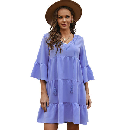 Wholesale Women's Solid Color Bell Sleeve V Neck High Waist Dress