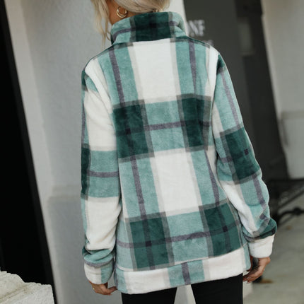 Wholesale Women's Long Sleeve Stand Collar Plaid Zipper Fleece Jacket