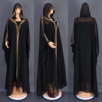 Wholesale Muslim Women's Chiffon Ironing Rhinestone Hooded Swing Burqa Two Piece Set