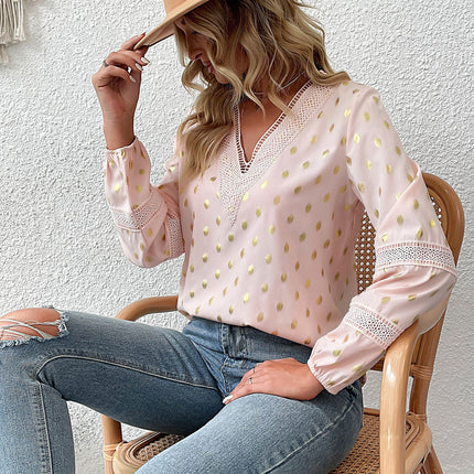 Bronzing Polka Dot Lace Langarm-Shirt mit V-Ausschnitt für Damen