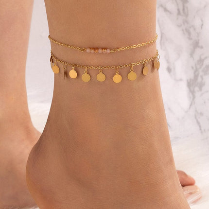 Women's Color Beads Tassel Round Bead Disc Two-Piece Alloy Anklet