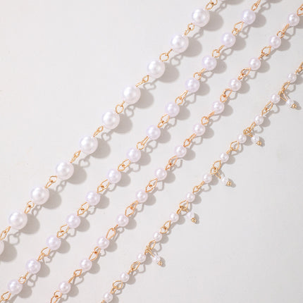 Wholesale Ladies Fashion Alloy Pearl Beaded Ho Chain Four-Tier Anklet