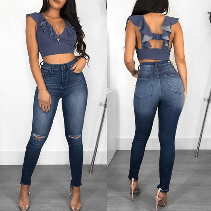 Wholesale Ladies Spring Ripped Skinny Hip Lift Fashion Jeans