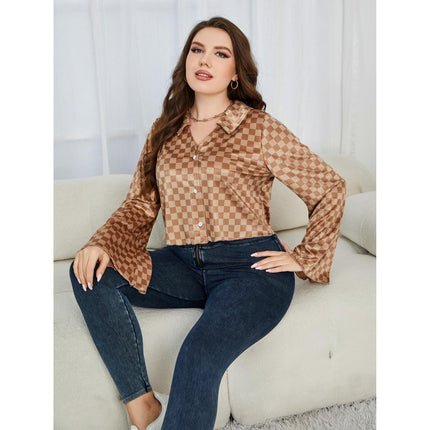 Wholesale Women's Plus Size Check Long Sleeve Shirt Fashion Blouse