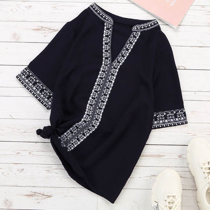 Wholesale Women's Half Sleeve V Neck Embroidered Lace Casual Shirt