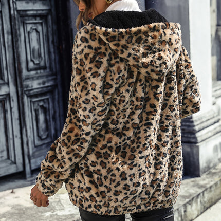 Wholesale Women's Hooded Long Sleeve Leopard Print Fleece Jacket