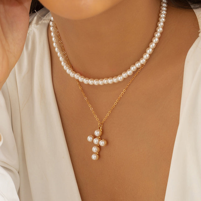 Wholesale Simple Double Layer Imitation Pearl Cross Necklace