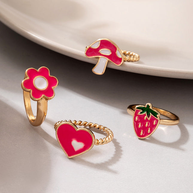 Red Mushroom Flower Heart Strawberry Oil Drip Combination Ring 4 Pieces