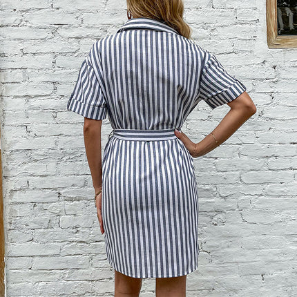 Wholesale Women's Summer Vertical Stripe Lapel Short Sleeve Tie Shirt Dress
