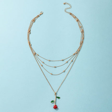 Valentine's Day Gift Rose Flower Drip Oil Alloy Multi-Layer Ladies Necklace