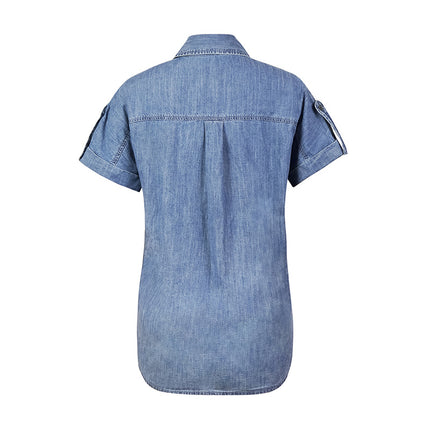 Camisa de mezclilla de manga corta para mujer Top suelto con bolsillo recto