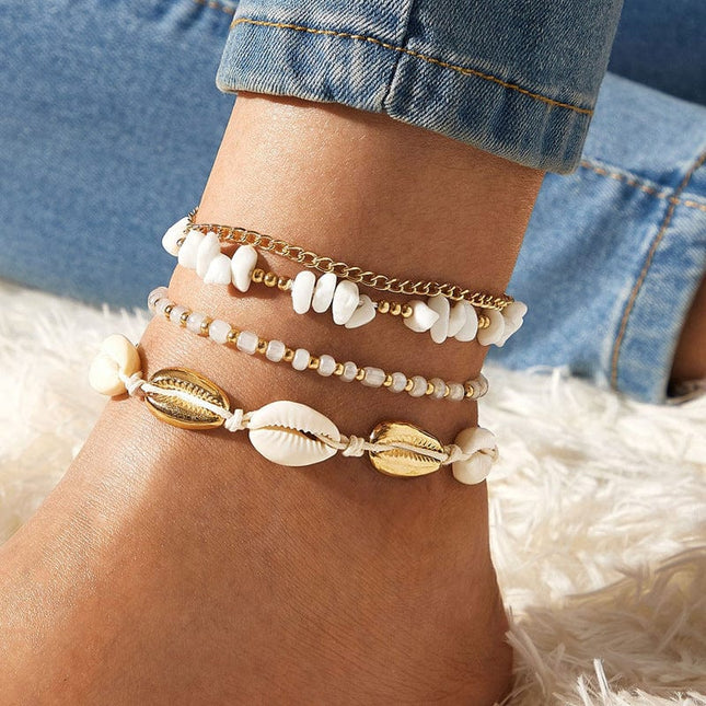 White Small Gravel Beach Shell Beads Weaving Anklet 4-Piece Set