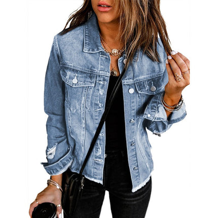 Women's Casual Washed Blue Denim Jacket Coat