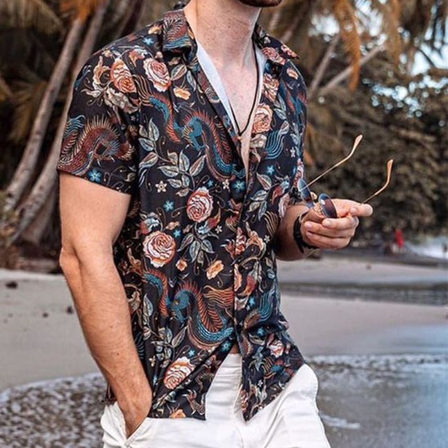 Camisa de manga corta con estampado hawaiano de poliéster Camisa de playa para hombre