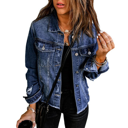 Women's Casual Washed Blue Denim Jacket Coat