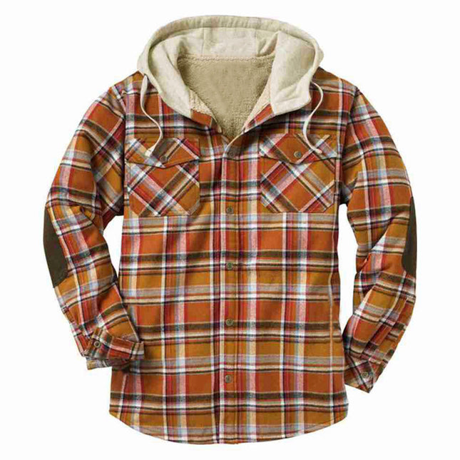 Chaqueta de camisa con bolsillo de parche con capucha y estampado a cuadros de otoño e invierno para hombre