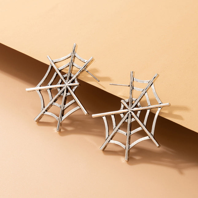 Halloween Silver Spider Web Geometric Mesh Earrings