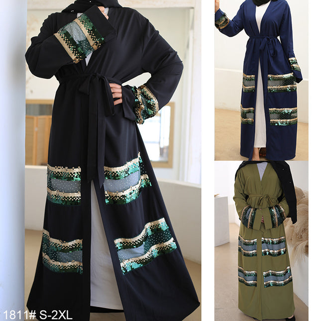 Musulmán Abaya Lentejuela Panel Dubai Turco Cardigan Robe